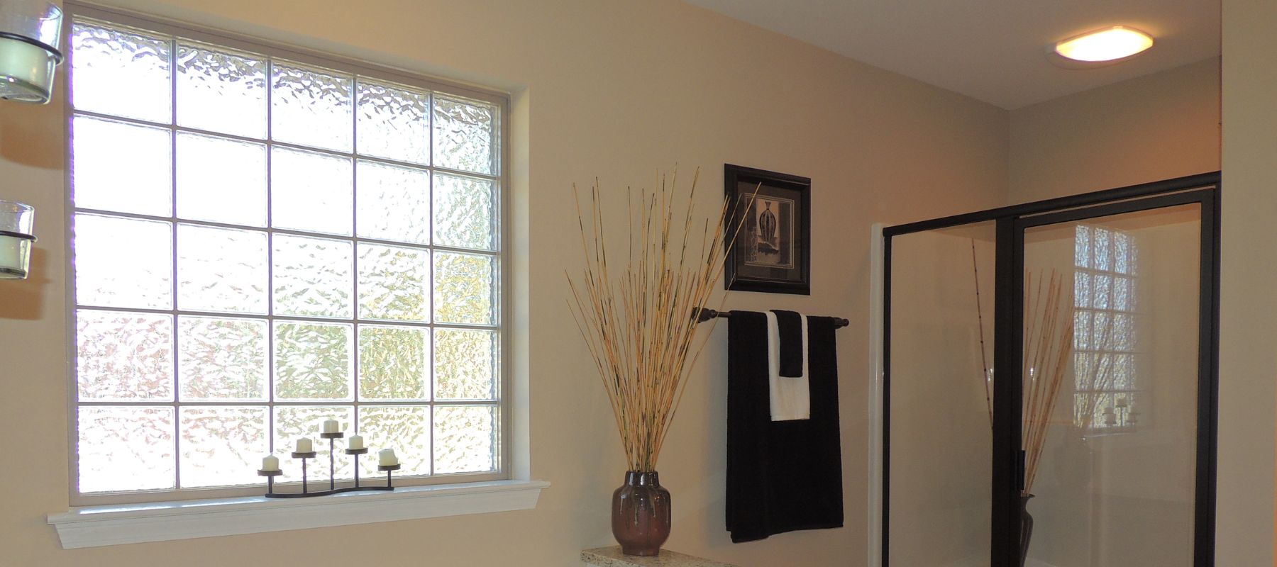 Bathroom with a glass block window and a black-framed shower